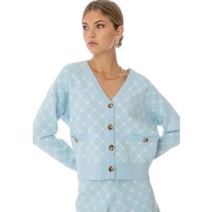 EllNdemm Monogram Sweater Cardigan Medium Blue Cream Pockets Button Up Flaw